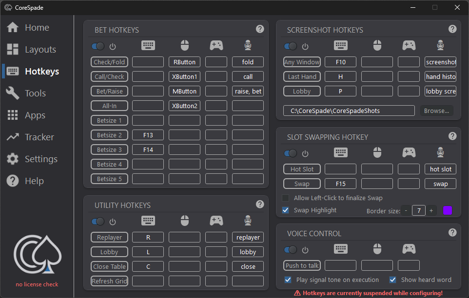 The Hotkeys tab with the microphone column and the Voice Control box